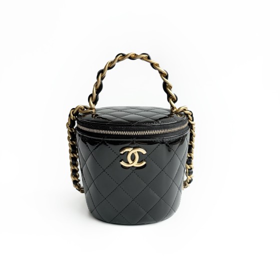 Chanel Vanity Case Round Bag in Quilted Patent Leather